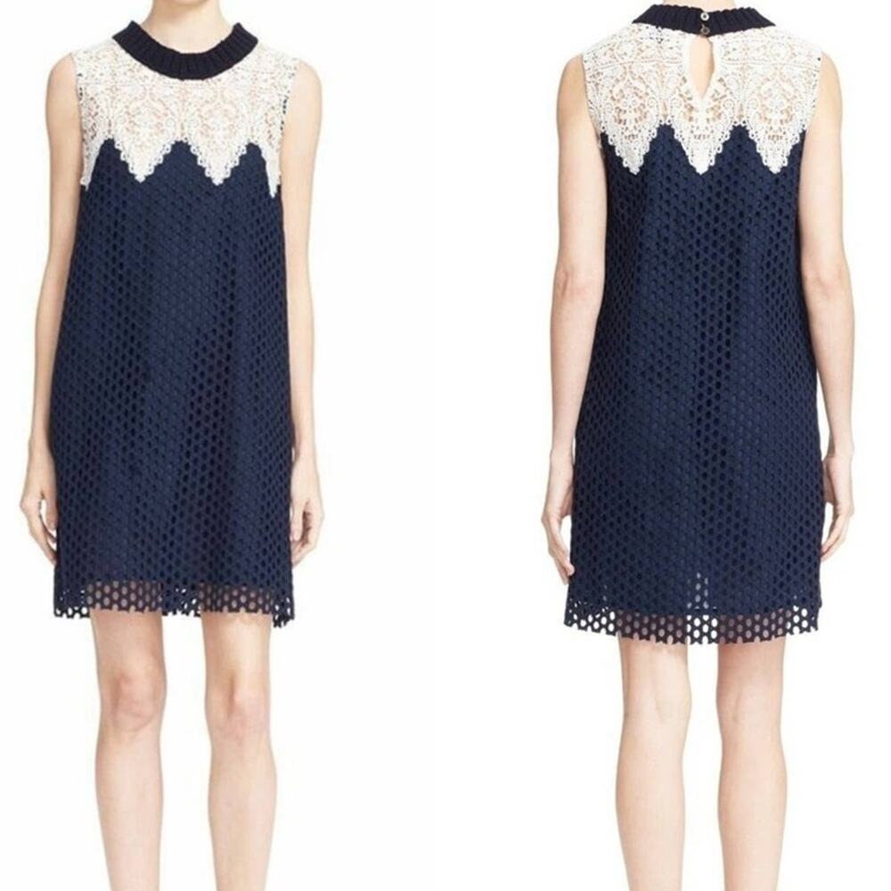 Sea New York Dress Guipure Lace Crotchet White Navy Blue Crewneck Shift 8